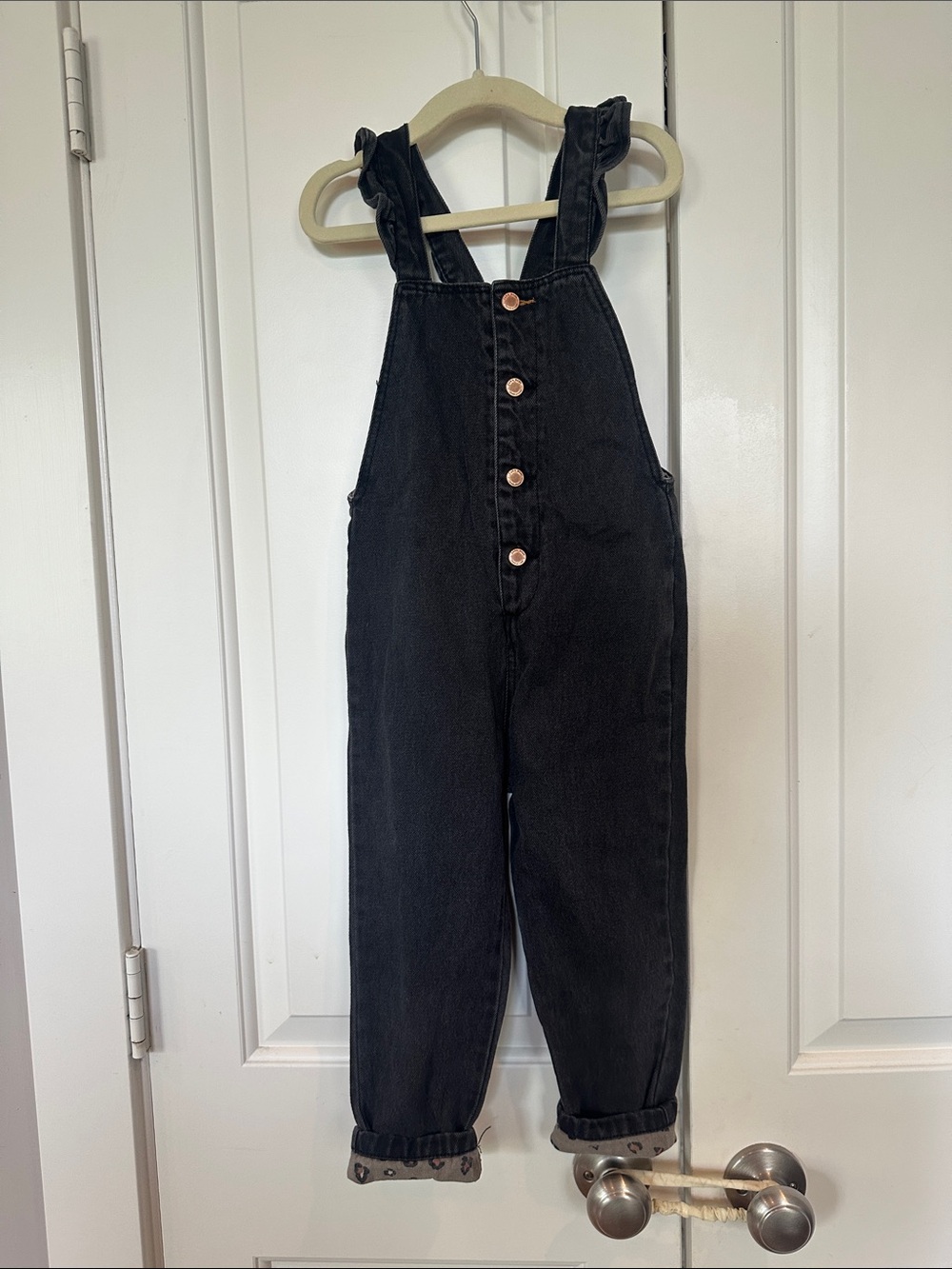 Zara Black Denim Ruffle Overalls Size 3/4
